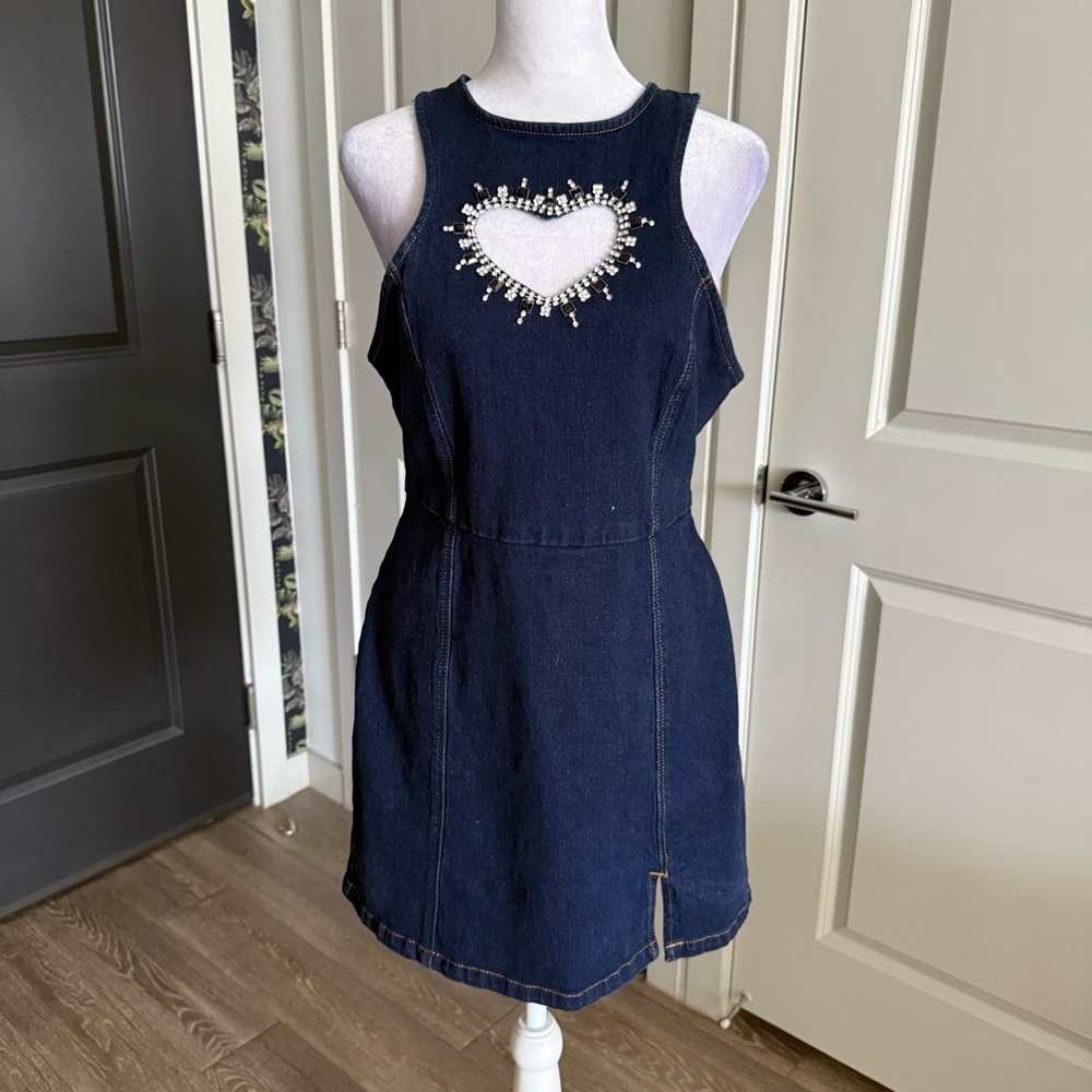 ASOS Design Denim Mini Party Dress with Diamond Beaded Cutout Size 8